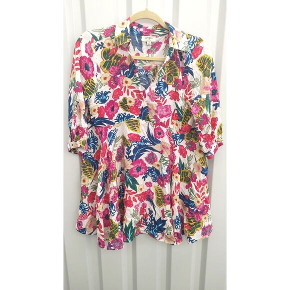 Umgee Tunic Mini Dress Floral 100% Linen Medium - Picture 1 of 5